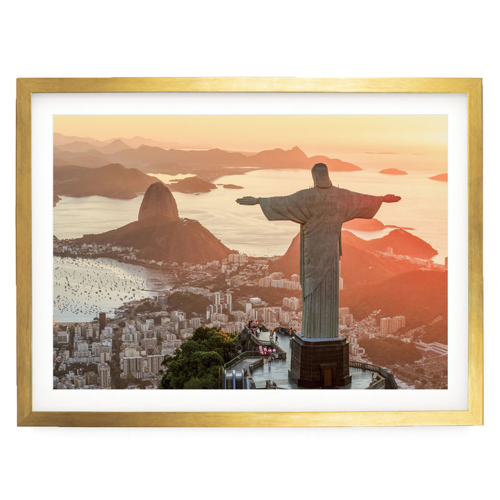 Christ the Redeemer at Golden Hour, Rio de Janeiro, Brazil print in a gold frame with white mat