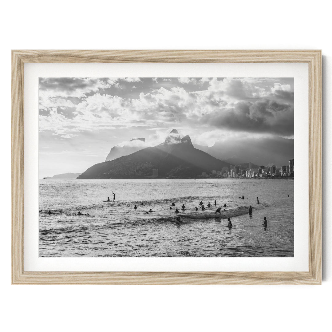 Sunlight over Ipanema, Rio de Janeiro, Brazil – B&W fine art print in a natural wood frame with white mat