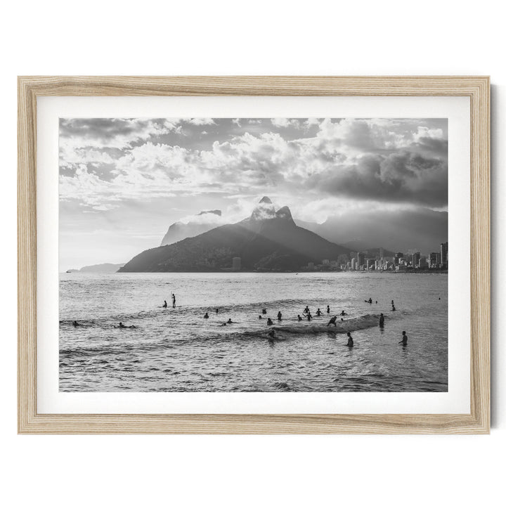 Sunlight over Ipanema, Rio de Janeiro, Brazil – B&amp;W fine art print in a natural wood frame with white mat