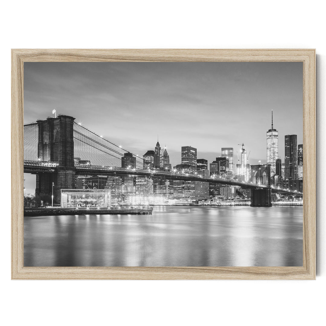 Brooklyn Bridge and Skyline at Dusk, New York City – B&amp;W print in a natural wood frame without mat