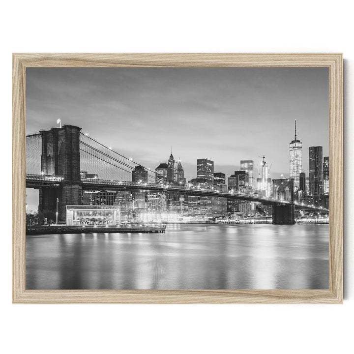 Brooklyn Bridge and Skyline at Dusk, New York City – B&amp;W print in a natural wood frame without mat