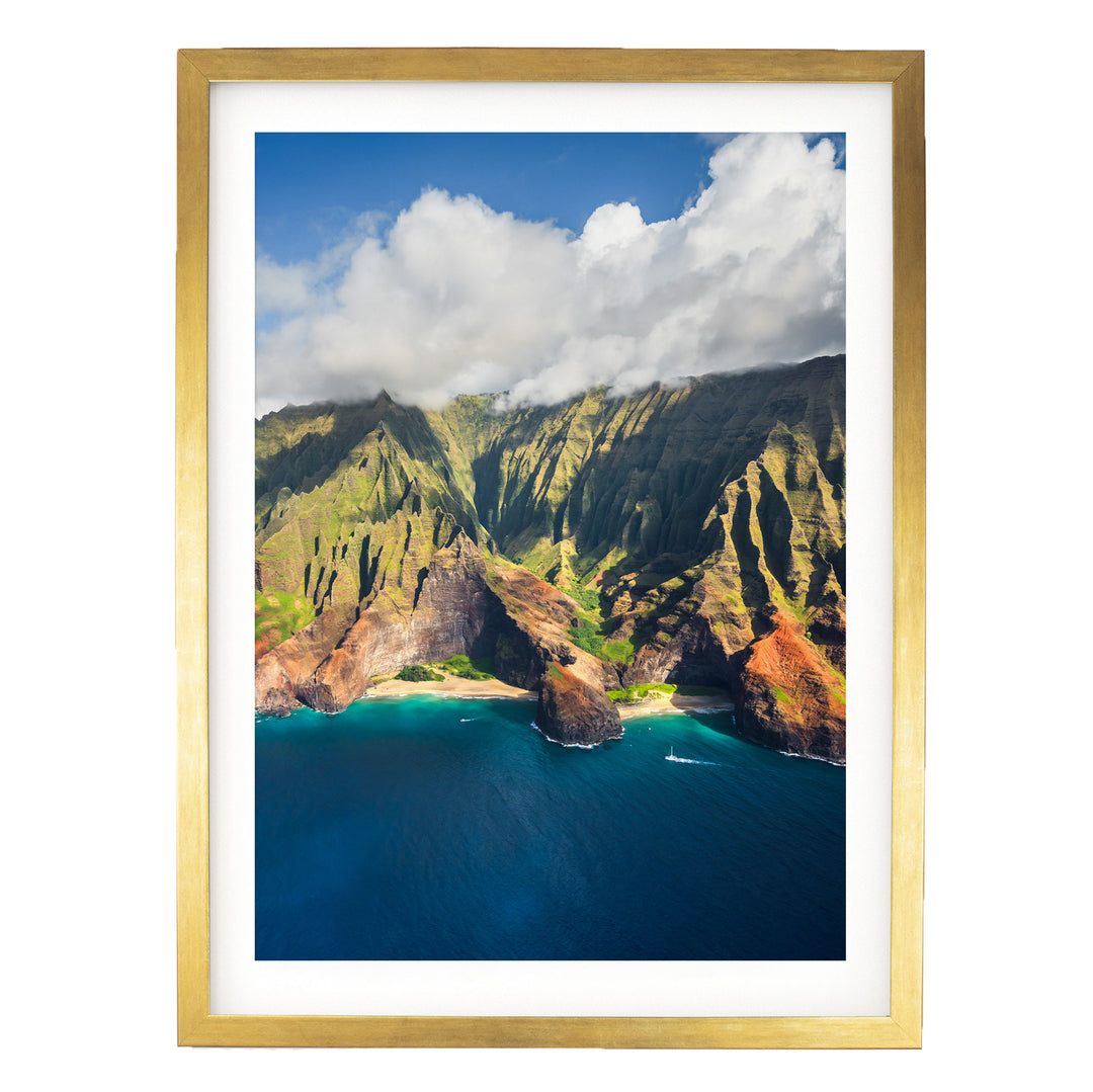 Kauai Cliffs II, Na Pali Coast, Hawaii print in a gold frame with white mat