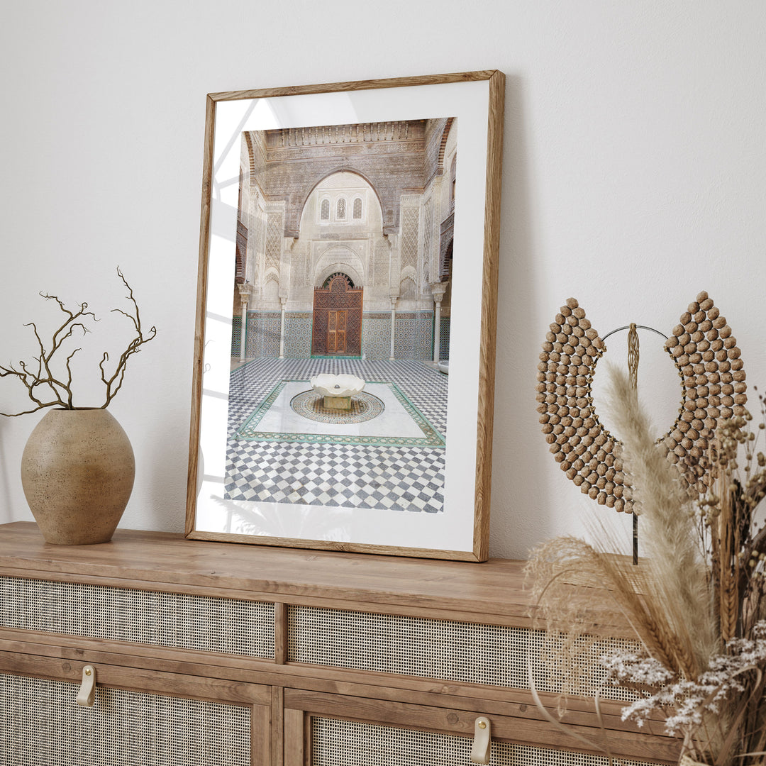 Madrasa Courtyard, Fes, Morocco framed print styled on the wall