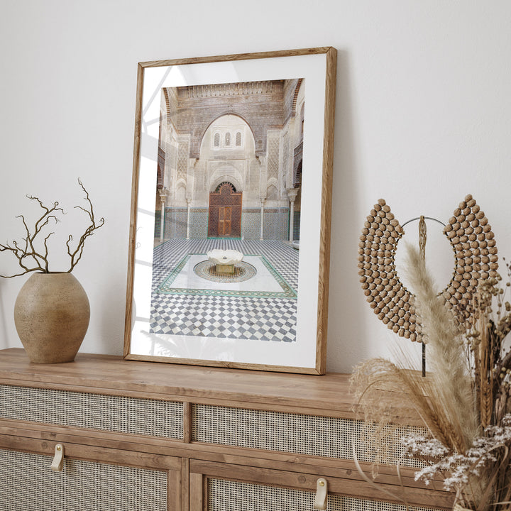 Madrasa Courtyard, Fes, Morocco framed print styled on the wall