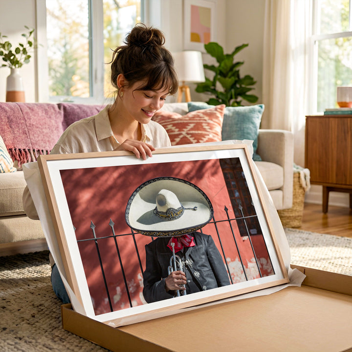 Woman holding a framed Mexican charro print in a bright living room