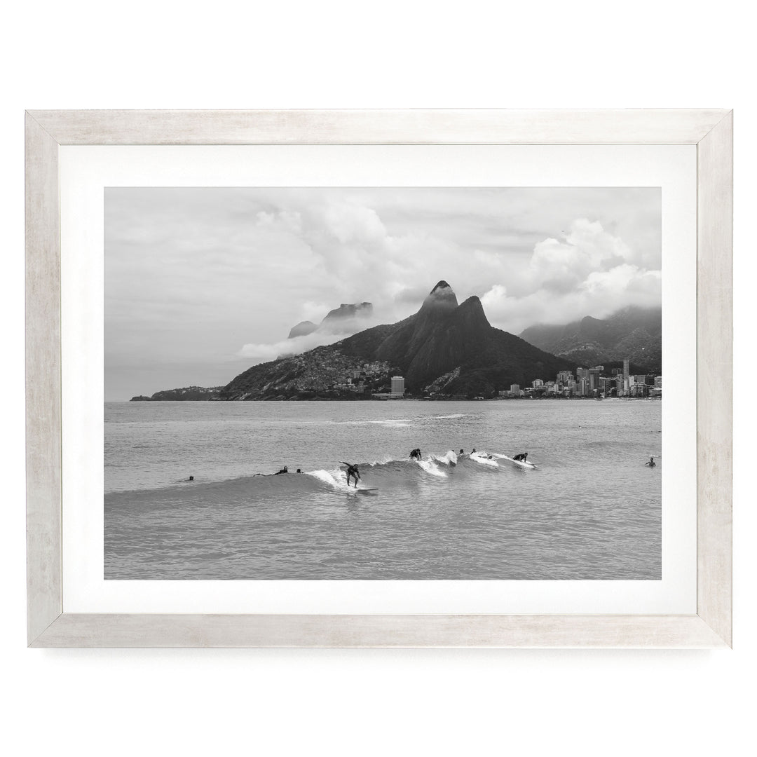 Surfers at Ipanema, Rio de Janeiro, Brazil – B&amp;W print in a silver frame with white mat