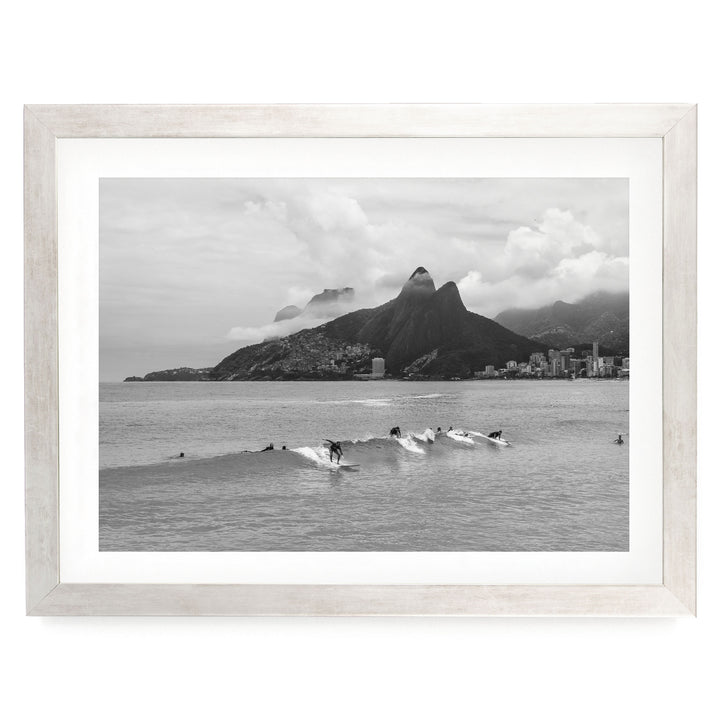 Surfers at Ipanema, Rio de Janeiro, Brazil – B&amp;W print in a silver frame with white mat