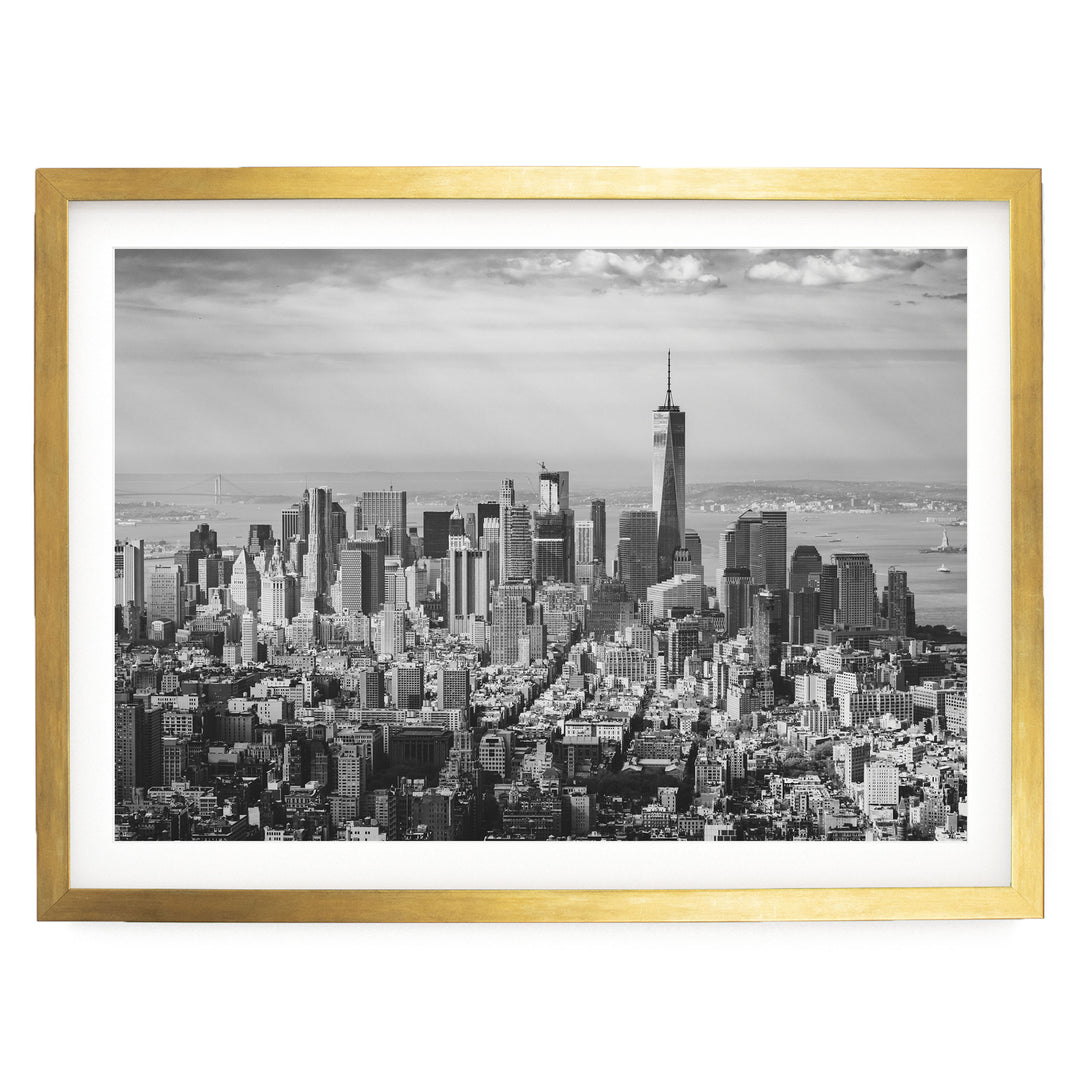 Manhattan Skyline from Above, New York City – B&amp;W print in a gold frame with white mat