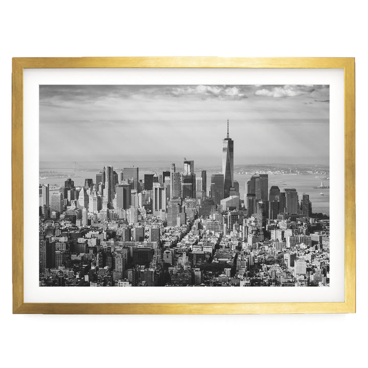 Manhattan Skyline from Above, New York City – B&amp;W print in a gold frame with white mat