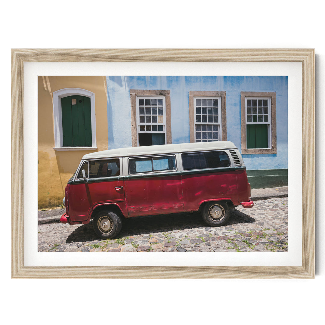 Red Kombi Van, Pelourinho, Salvador, Brazil fine art print in a natural wood frame with white mat