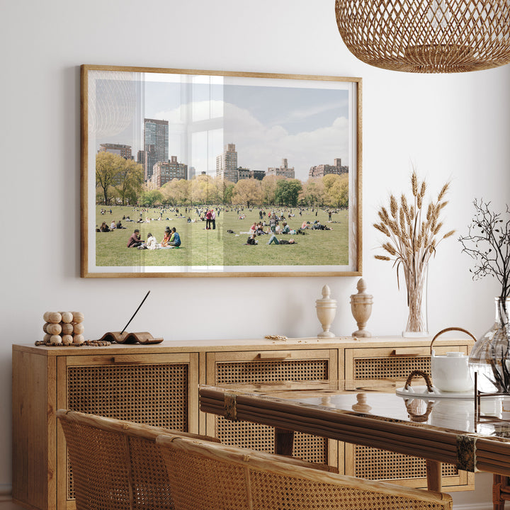 Sheep Meadow, Central Park, New York City framed print hanging in a styled interior