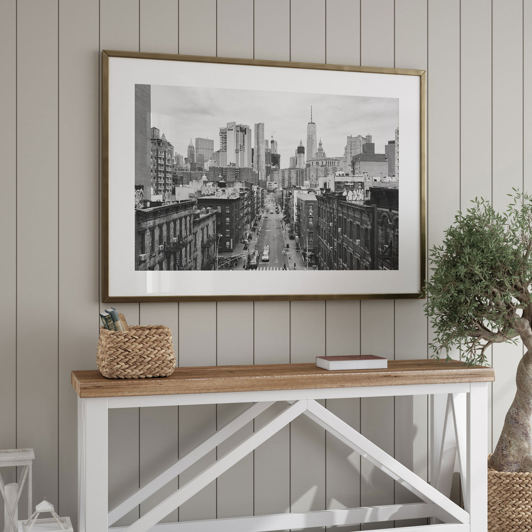 Lower Manhattan Street View, New York City – B&amp;W framed wall art in a home interior