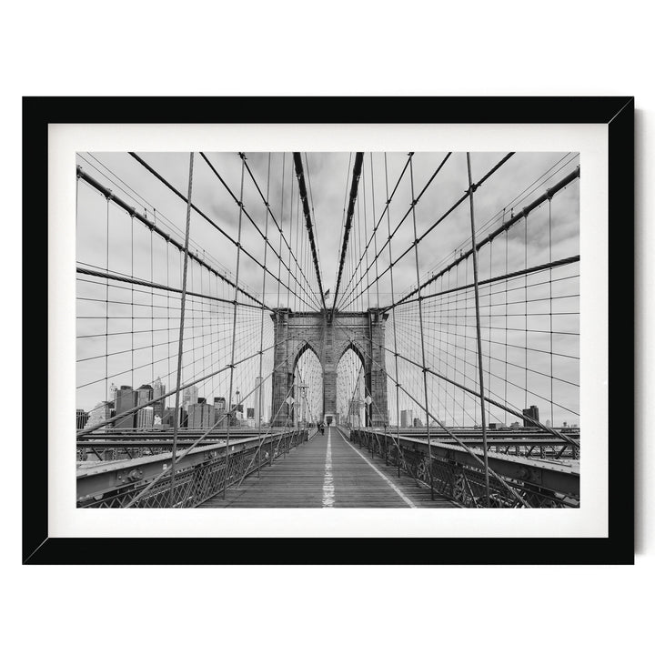 Brooklyn Bridge Walkway, New York City – B&amp;W print in a black frame with white mat
