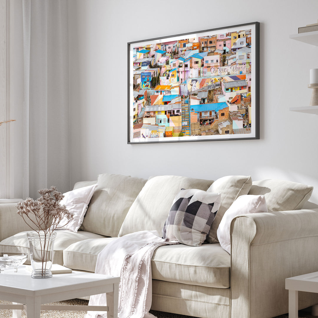 Colorful Hillside Houses, La Paz, Bolivia framed print in a living room setting