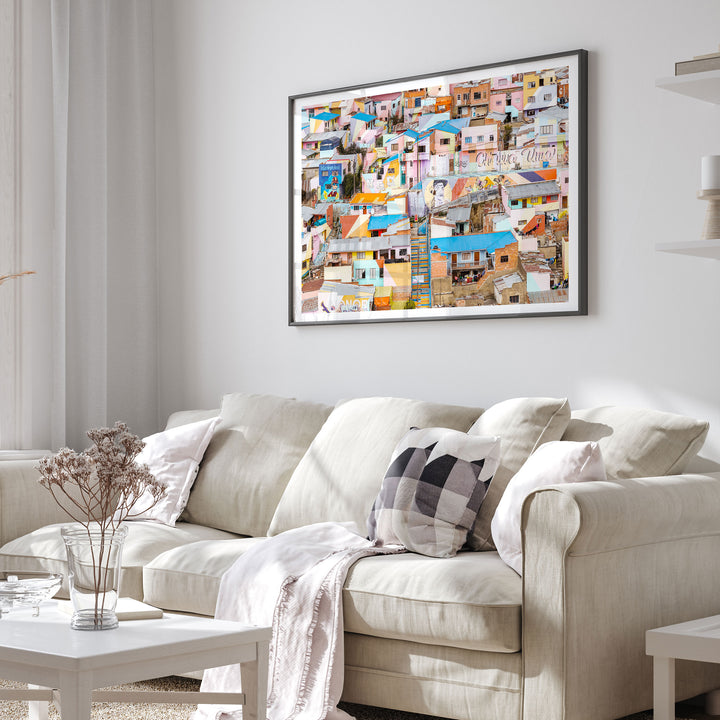 Colorful Hillside Houses, La Paz, Bolivia framed print in a living room setting