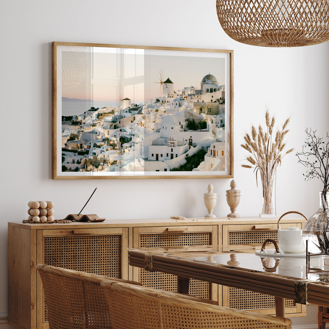 Sunset in Oia IV, Santorini, Greece framed print hanging in a styled interior