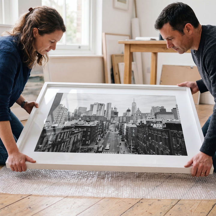 Lower Manhattan Street View, New York City – B&amp;W framed wall art in a cozy interior