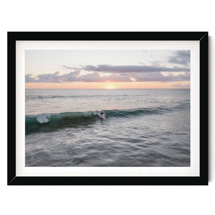 Riding the Wave at Sunset I, Costa Rica print in a black frame with white mat