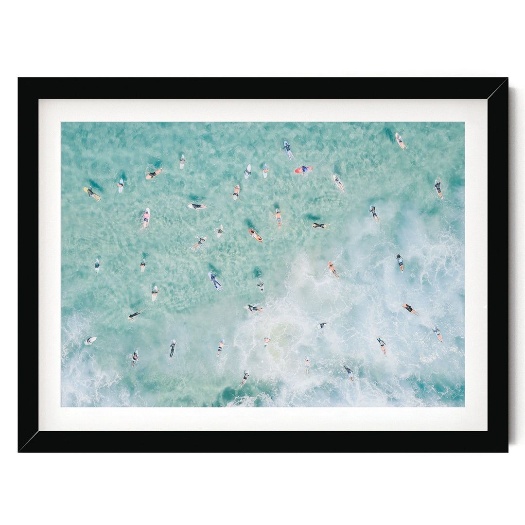 Bondi Beach surfers print in a black frame with white mat