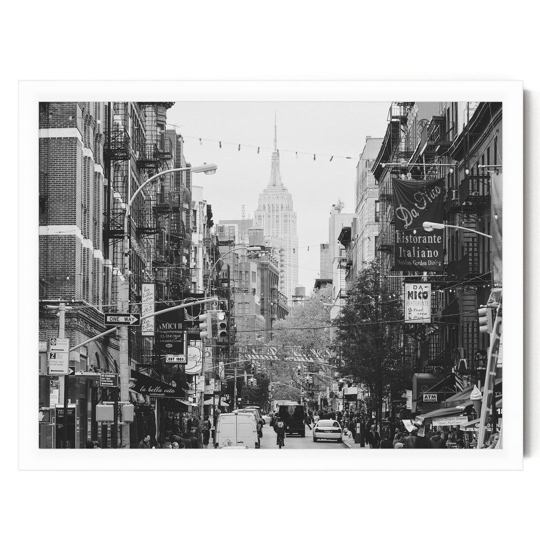 Little Italy and Empire State Building, New York City – B&amp;W print in a white frame without mat