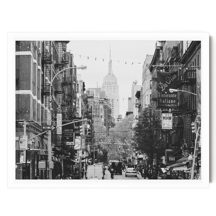 Little Italy and Empire State Building, New York City – B&amp;W print in a white frame without mat