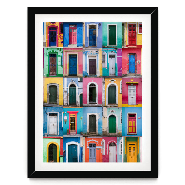 Colorful Doors of Brazil I print in a black frame with white mat