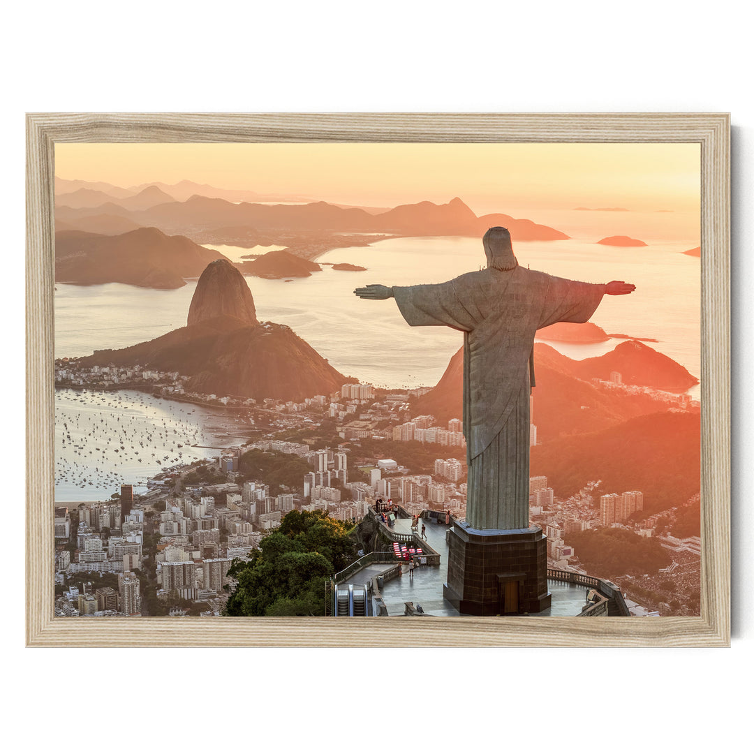 Christ the Redeemer at Golden Hour, Rio de Janeiro, Brazil print in a natural wood frame without mat
