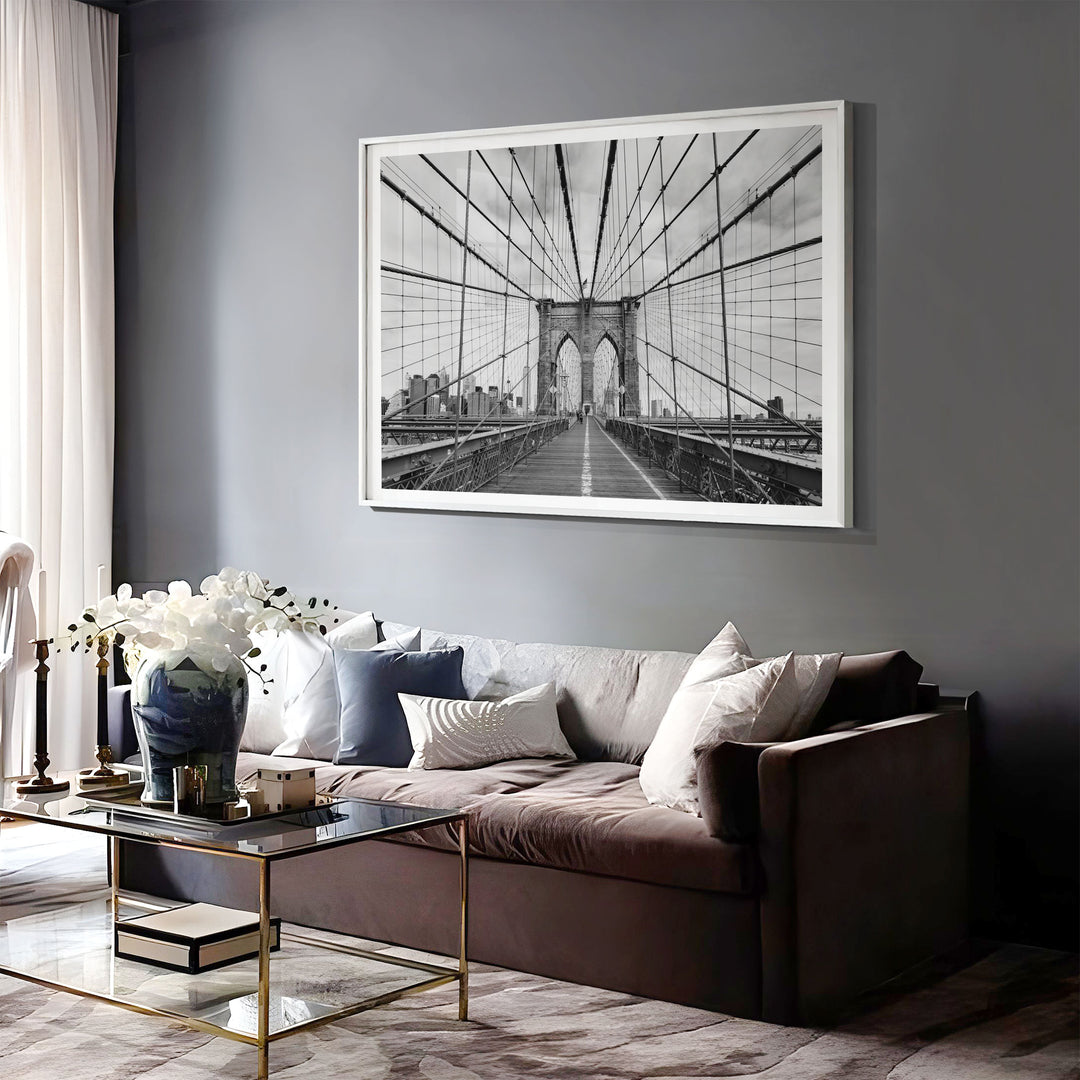 Brooklyn Bridge Walkway, New York City – B&amp;W print displayed in a bedroom setting