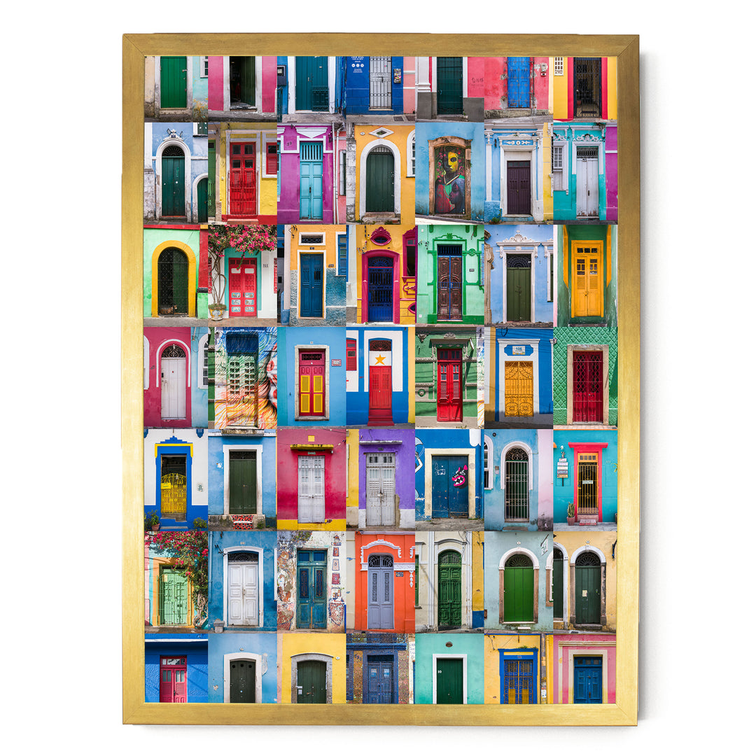 Colorful Doors of Brazil III print in a gold frame without mat