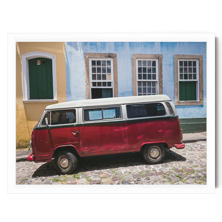 Red Kombi Van, Pelourinho, Salvador, Brazil print in a white frame without mat