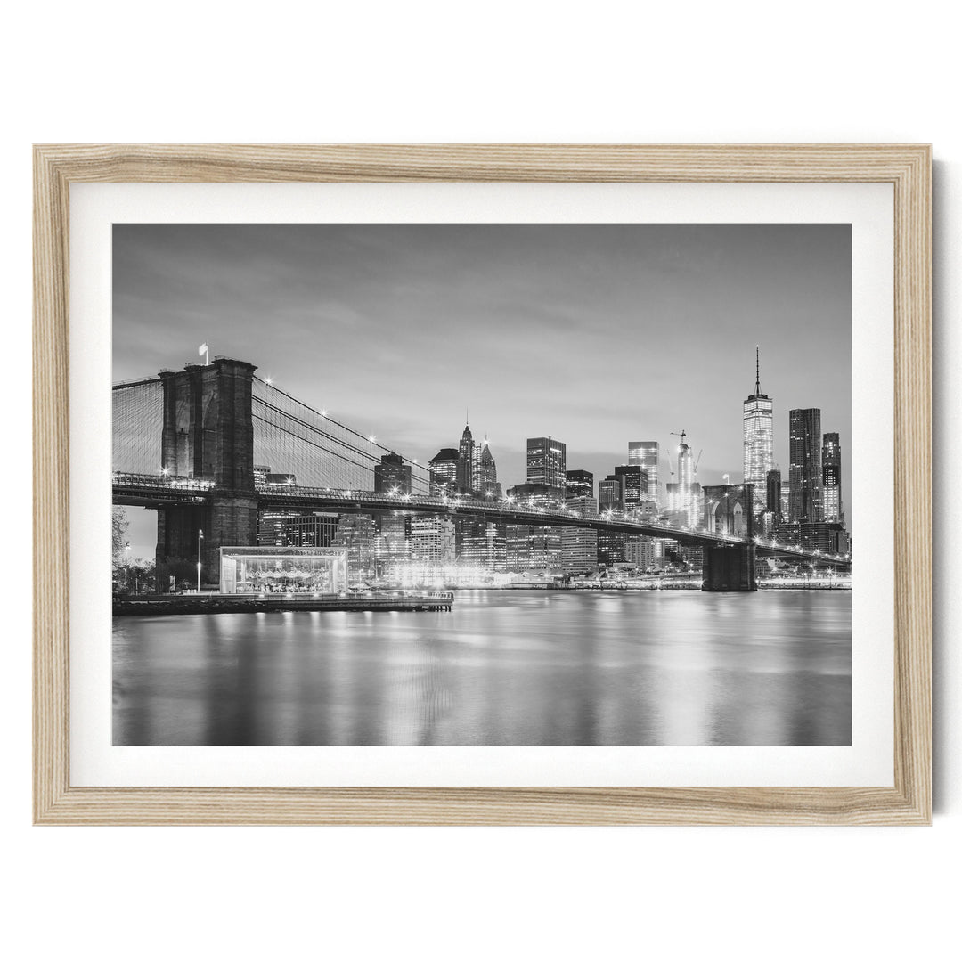 Brooklyn Bridge and Skyline at Dusk, New York City – B&W fine art print in a natural wood frame with white mat
