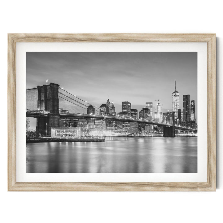 Brooklyn Bridge and Skyline at Dusk, New York City – B&amp;W fine art print in a natural wood frame with white mat