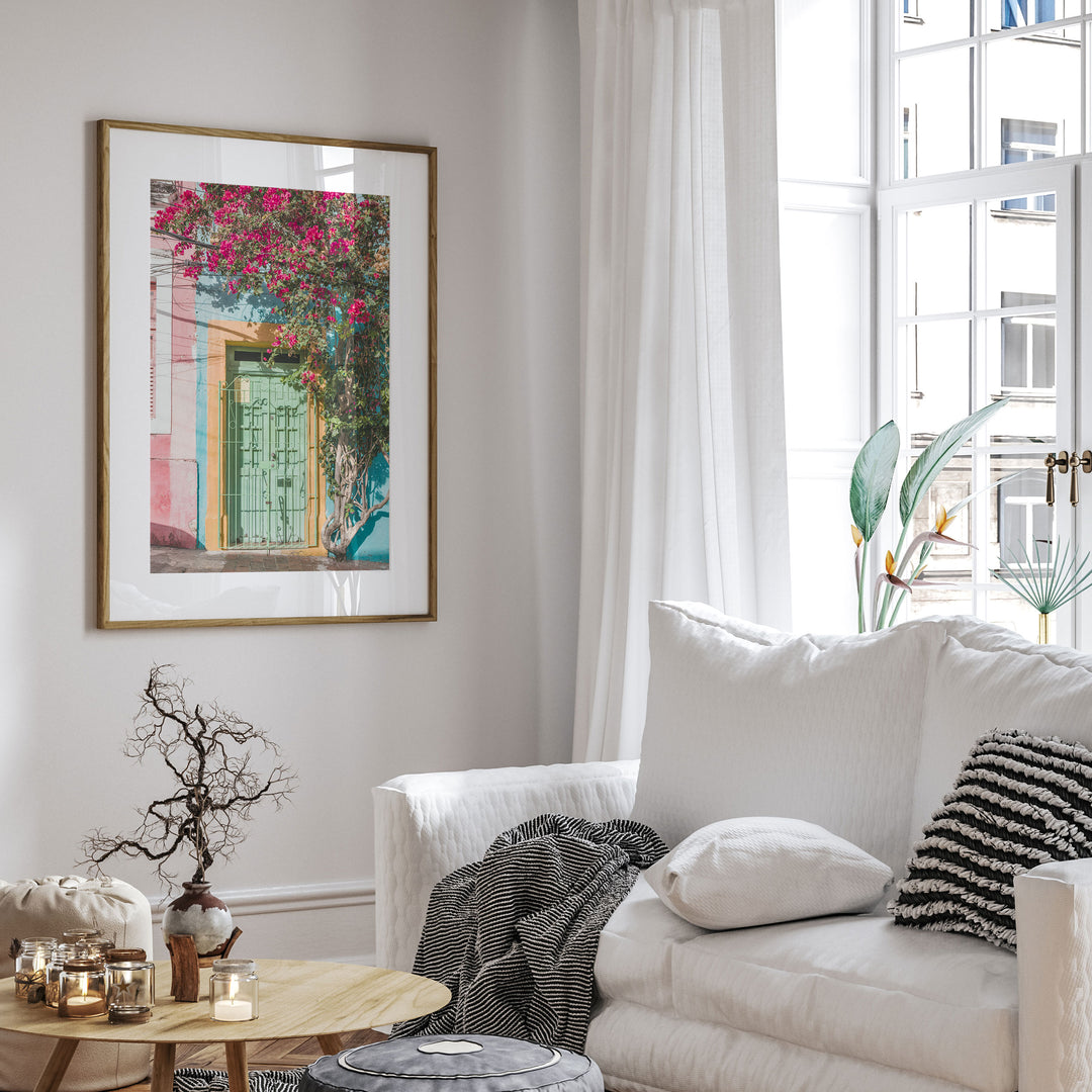 Bougainvillea and Green Door I, Olinda, Brazil wall art in a modern interior