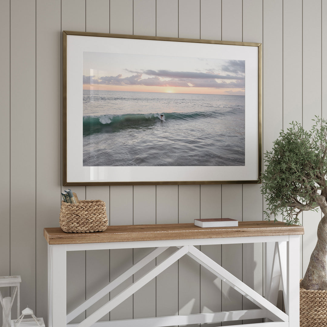 Riding the Wave at Sunset I, Costa Rica framed wall art in a home interior