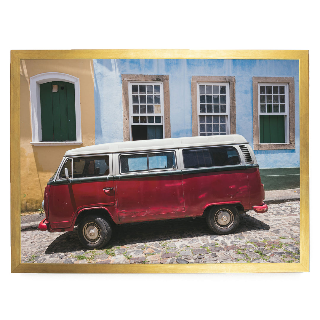 Red Kombi Van, Pelourinho, Salvador, Brazil print in a gold frame without mat