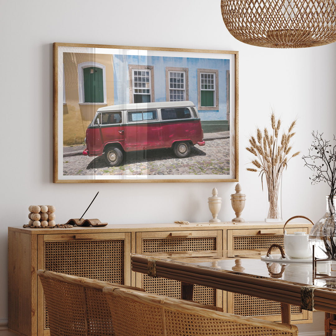 Red Kombi Van, Pelourinho, Salvador, Brazil framed print hanging in a styled interior