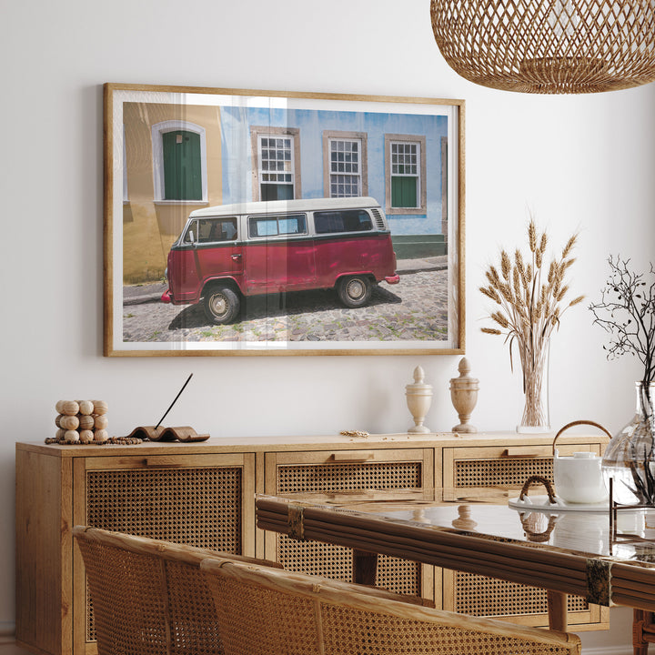 Red Kombi Van, Pelourinho, Salvador, Brazil framed print hanging in a styled interior