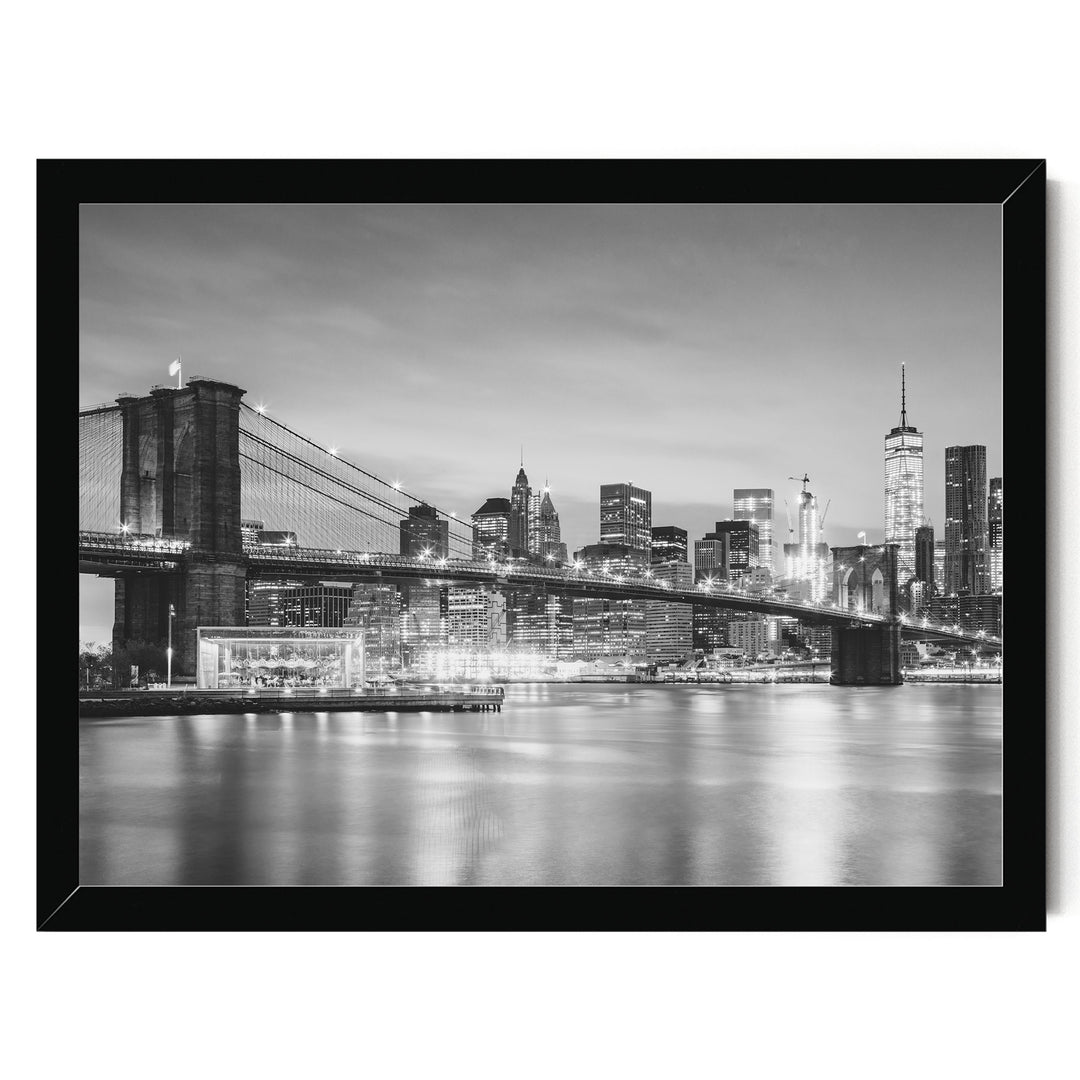 Brooklyn Bridge and Skyline at Dusk, New York City – B&amp;W print in a black frame without mat
