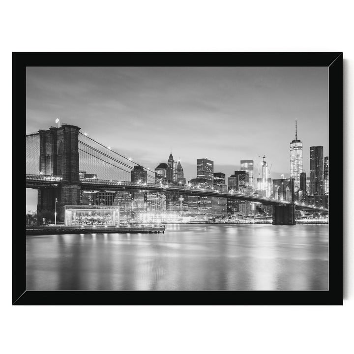 Brooklyn Bridge and Skyline at Dusk, New York City – B&amp;W print in a black frame without mat