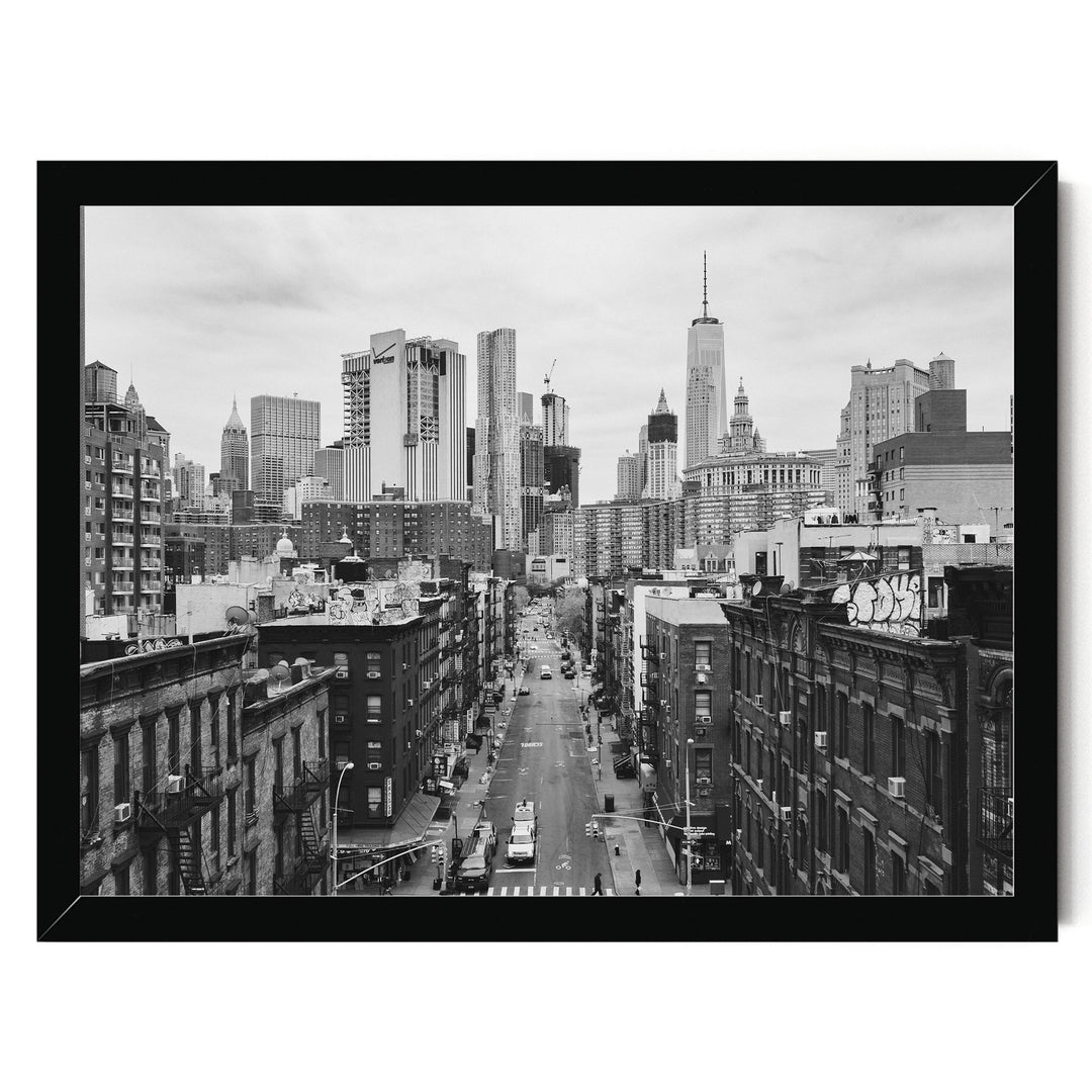 Lower Manhattan Street View, New York City – B&amp;W print in a black frame without mat