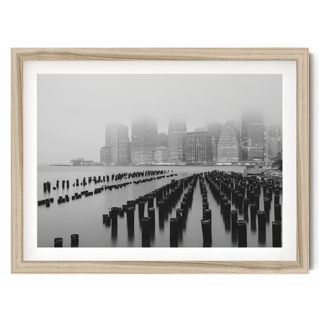 Foggy Manhattan Skyline, New York City – B&W fine art print in a natural wood frame with white mat