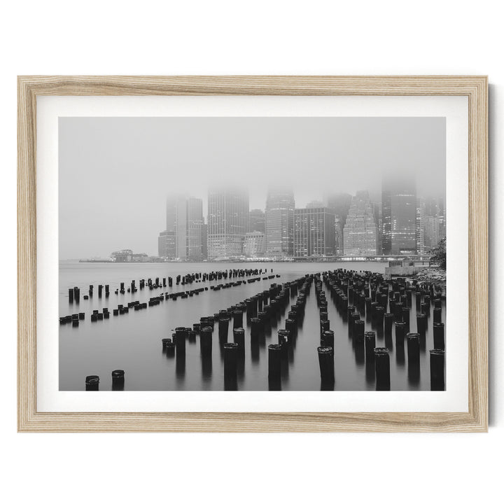 Foggy Manhattan Skyline, New York City – B&amp;W fine art print in a natural wood frame with white mat