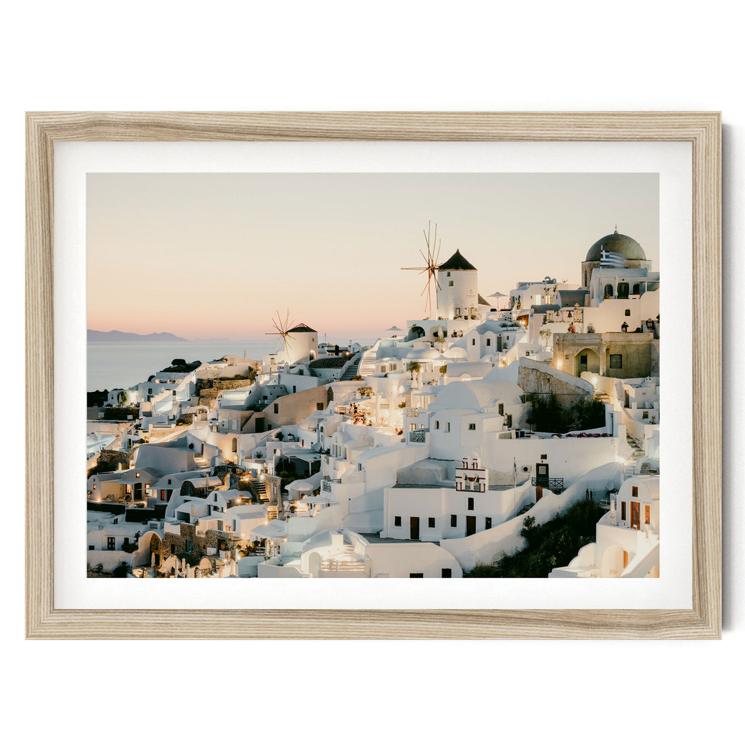 Sunset in Oia IV, Santorini, Greece fine art print in a natural wood frame with white mat