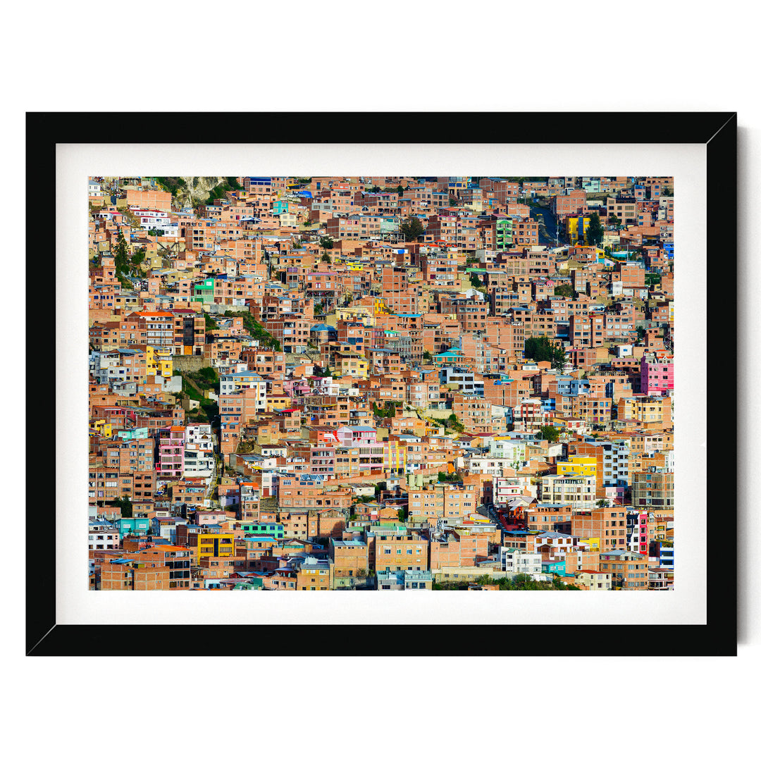 Colorful Houses of La Paz, Bolivia print in a black frame with white mat