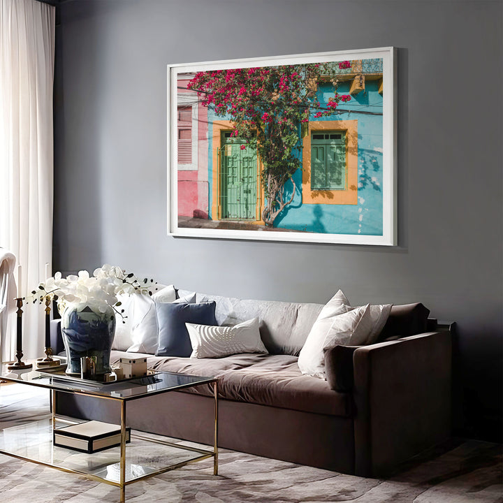 Bougainvillea and Green Door II, Olinda, Brazil print displayed in a bedroom setting