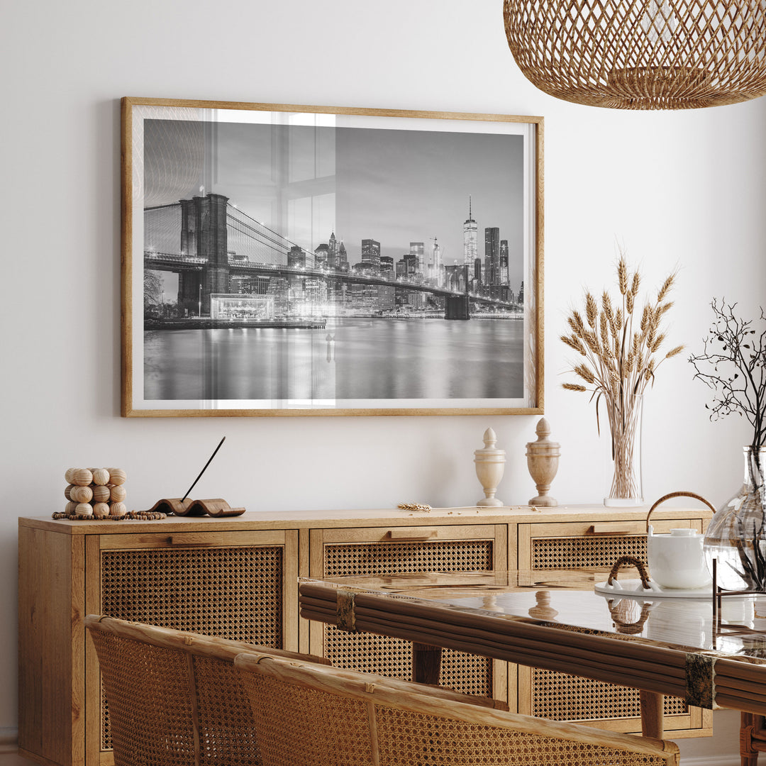Brooklyn Bridge and Skyline at Dusk, New York City – B&amp;W framed print hanging in a styled interior