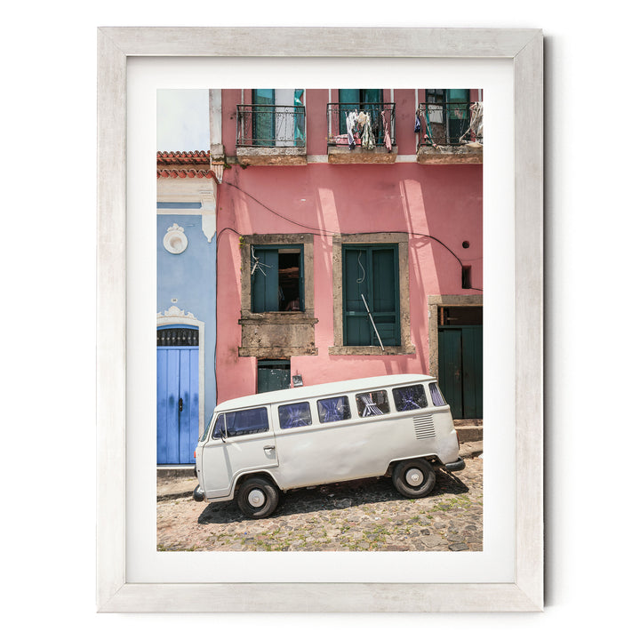 White Kombi Van, Pelourinho, Salvador, Brazil print in a silver frame with white mat