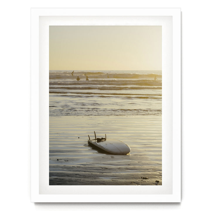 Surfboard at Sunset, Costa Rica print in a white frame with white mat