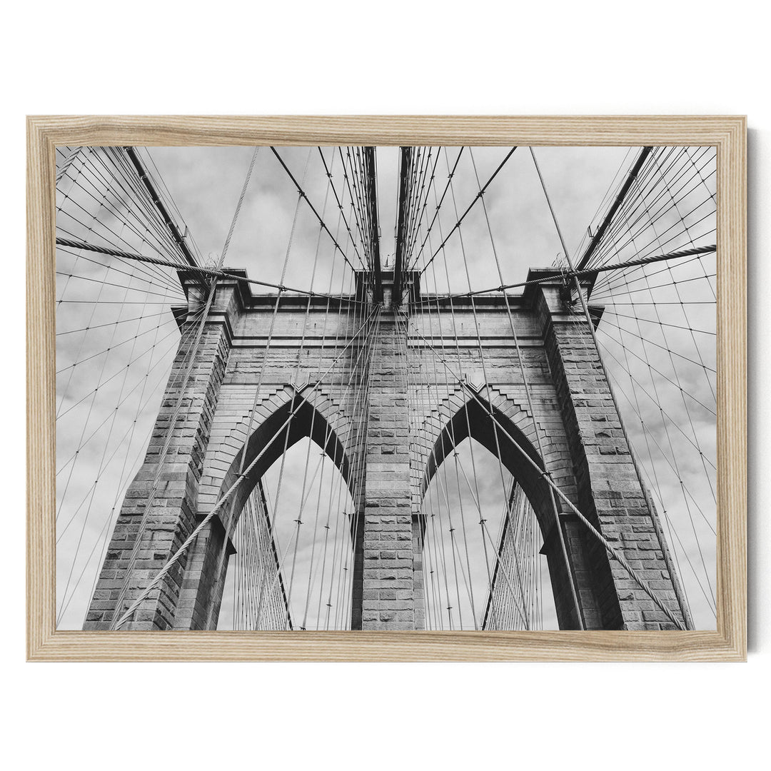 Brooklyn Bridge Tower, New York City – B&amp;W print in a natural wood frame without mat