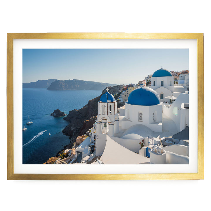 Blue Santorini, Oia, Greece print in a gold frame with white mat